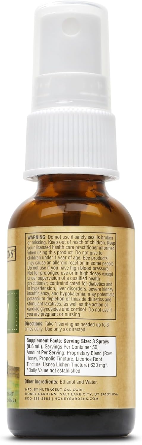 Honey Gardens Bee Propolis Throat Spray with Apitherapy Raw Honey, Licorice Root and Usnea – 50 Servings, 30 ml