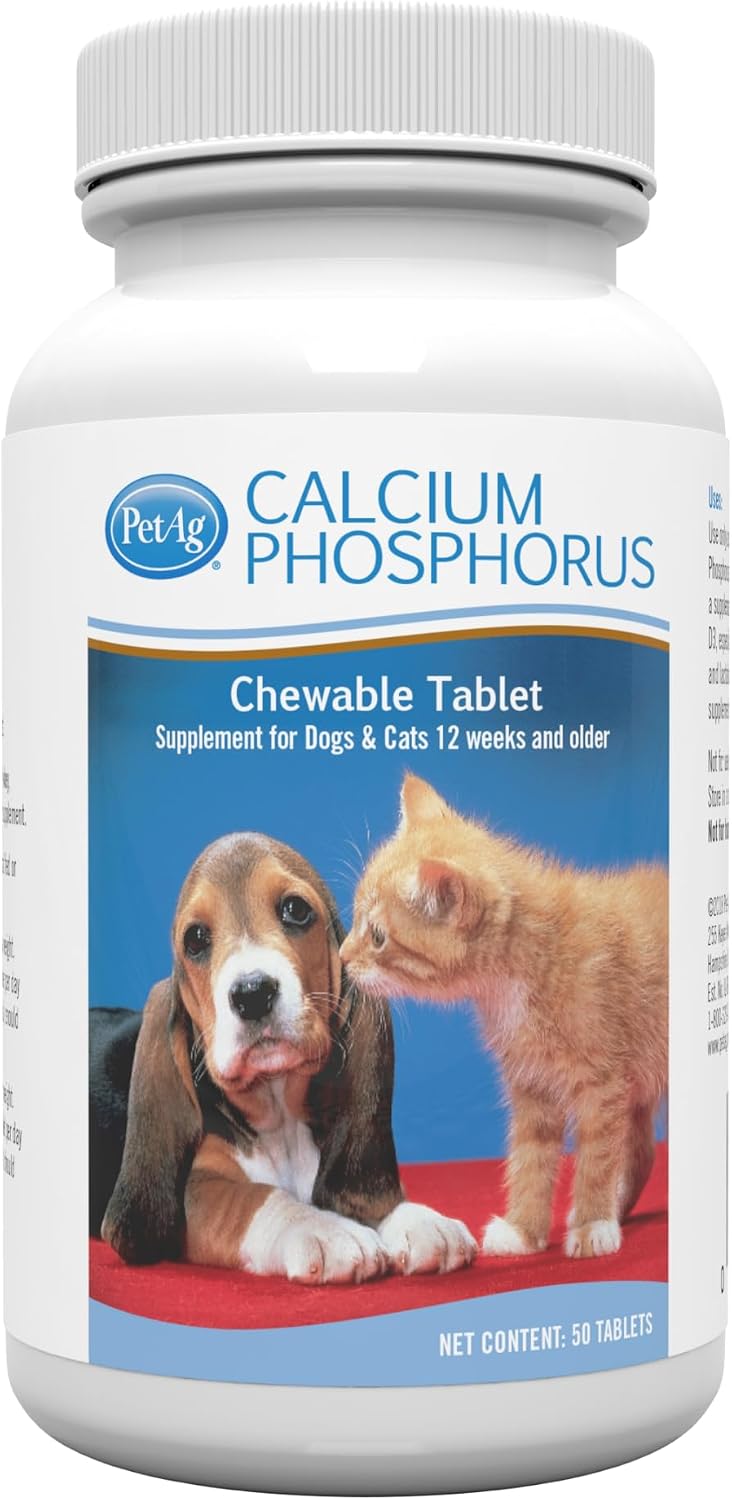 PetAg Calcium Phosphorus Tablets - 50 Tablets - Chewable Supplement for Dogs and Cats - Fortified with Vitamin D