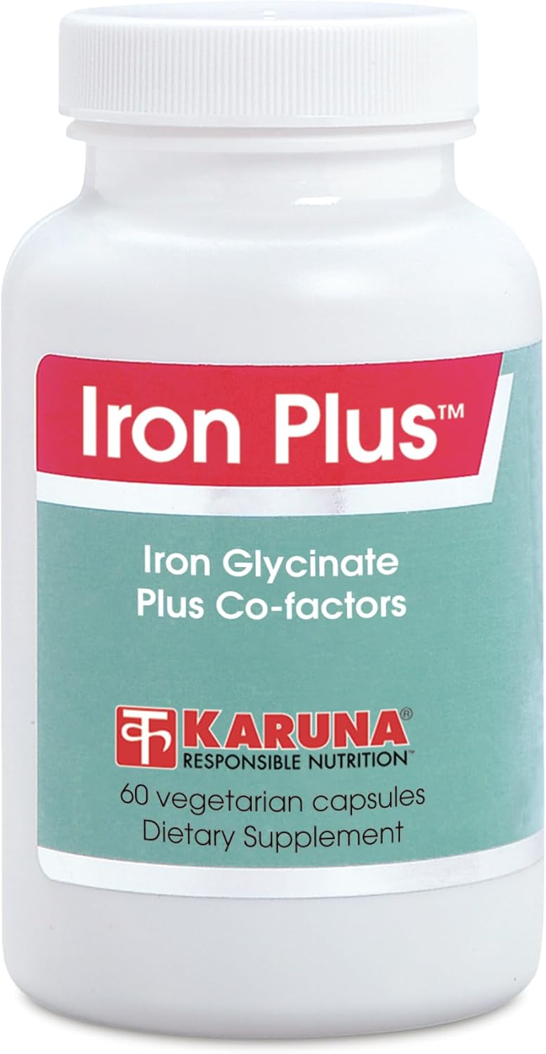 Karuna Iron Plus | 60 Vegetarian Capsules | Iron (glycinate) 29 mg, Vitamin A, B12, C, Folic Acid, Copper, Manganese, Betaine HCI 100 mg