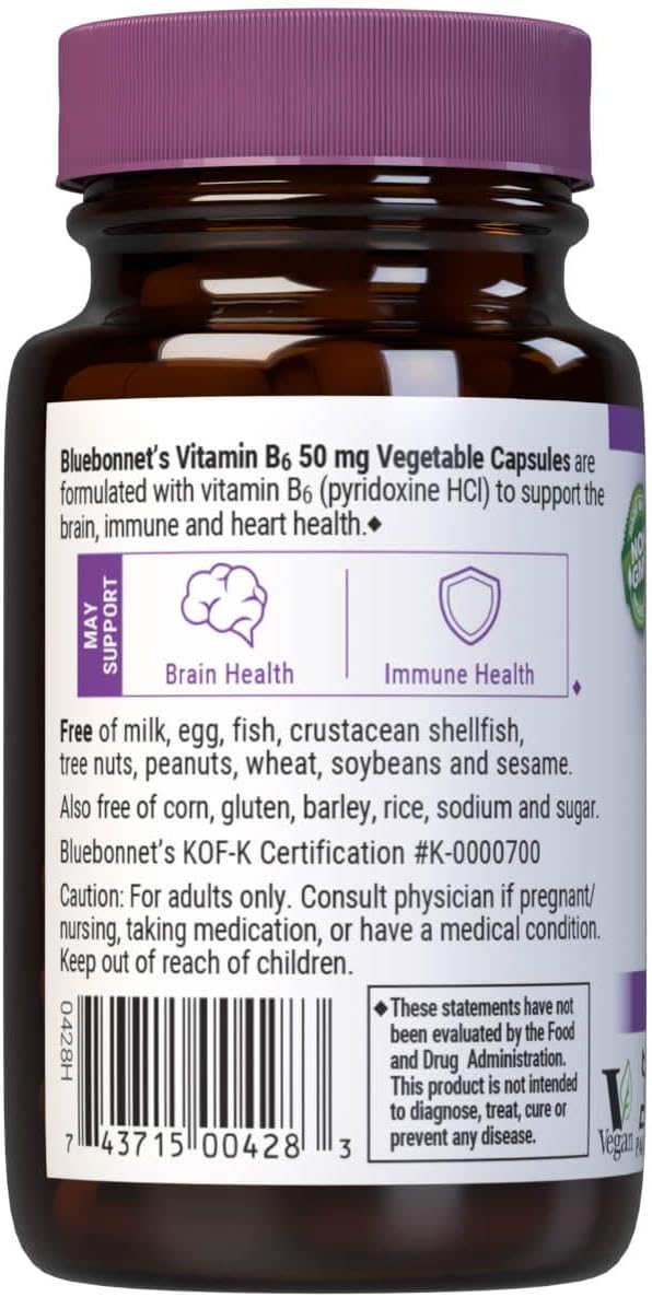 Bluebonnet Nutrition Vitamin B6 50 mg – Vegan, Non-GMO, Gluten-Free Energy Support – 90 Capsules