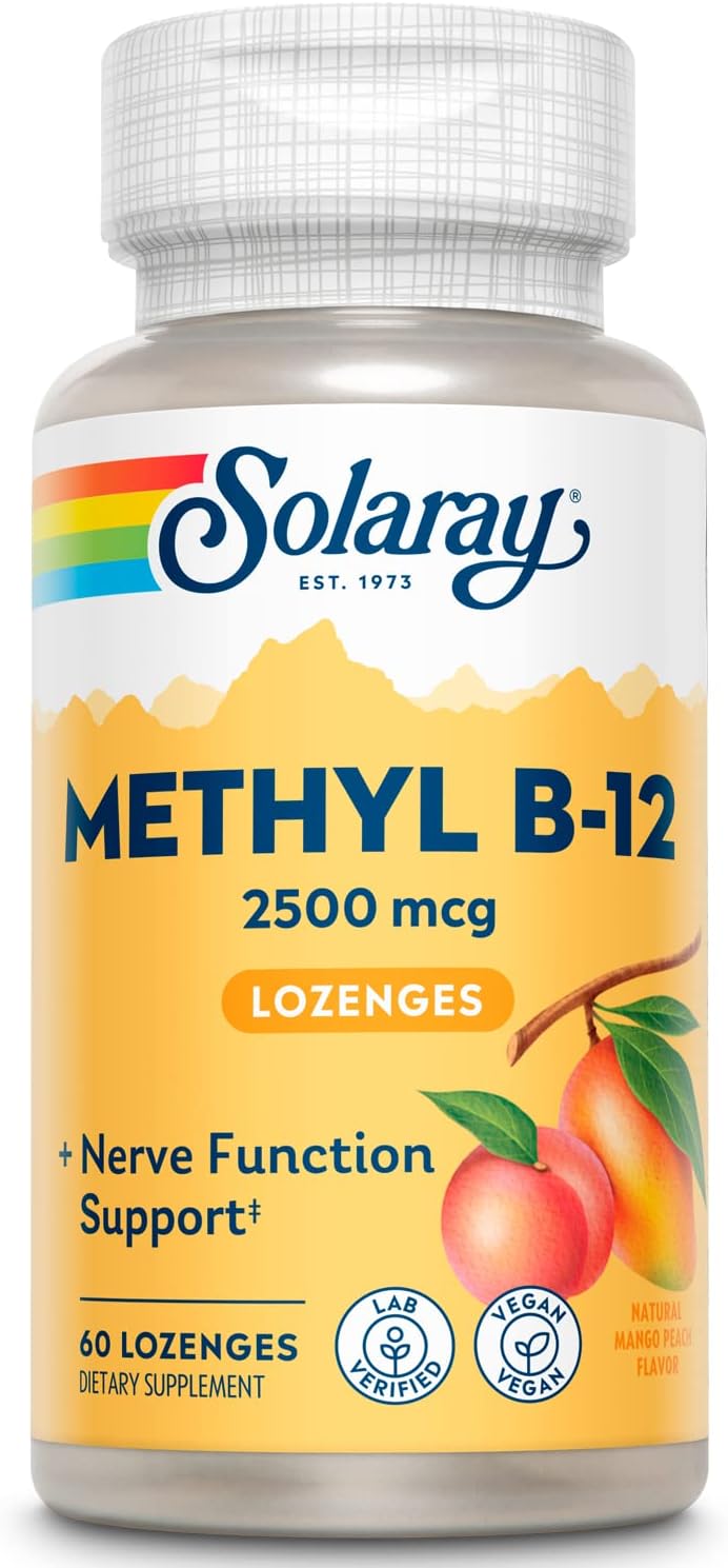 SOLARAY Methyl B-12 Lozenges, 2500 mcg - Vitamin B12 Supplement (Methylcobalamin) - Energy and Nerve Health - Mango Peach Flavour - 60 Lozenges