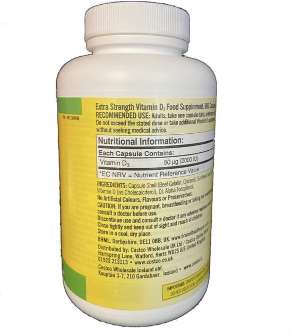 Kirkland Maximum Strength Vitamin D3 600 Softgels, Pack of 2