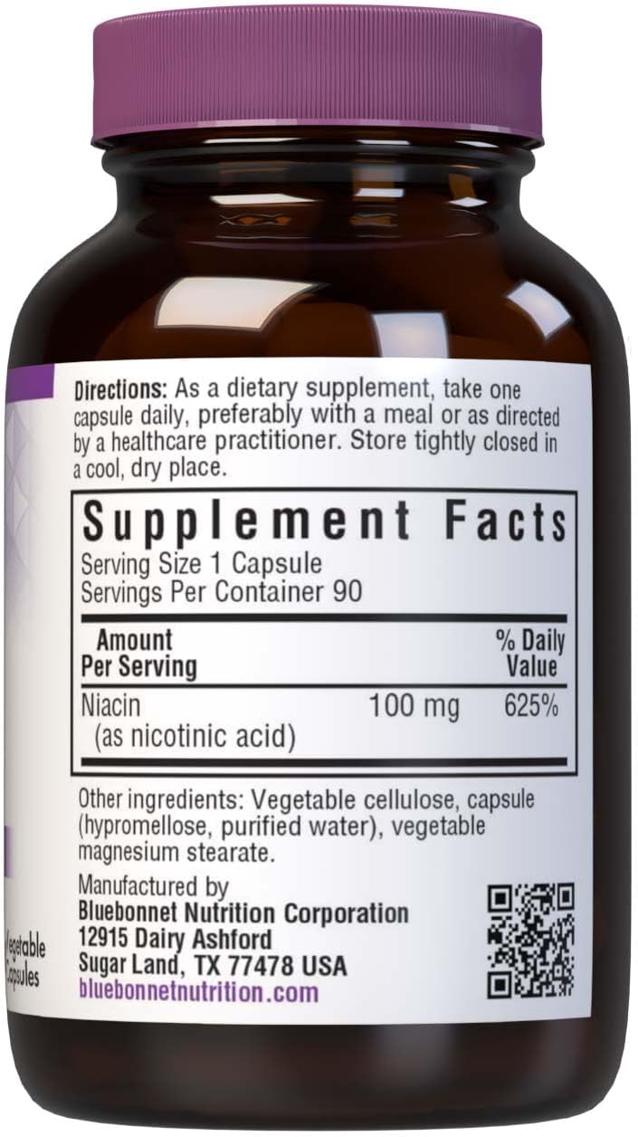 Bluebonnet Niacin 100 mg Vitamin B3 Nicotinic Acid – Heart Health Support – Non-GMO, Vegan, Kosher, Gluten-Free Flush Niacin Supplement – 90 Vegetable Capsules - görsel 2