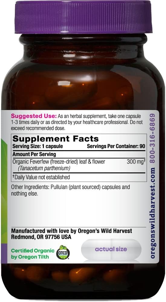 Oregon's Wild Harvest Non-GMO Feverfew (F.D.), Organic Herbal Supplements, 90 Count