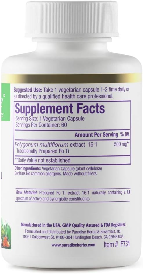 Paradise Herbs Fo-Ti He Shou Wu Root Extract, Premium 16:1 Extract for Hair & Skin Health, Gluten Free, 60 Vegetarian Capsules