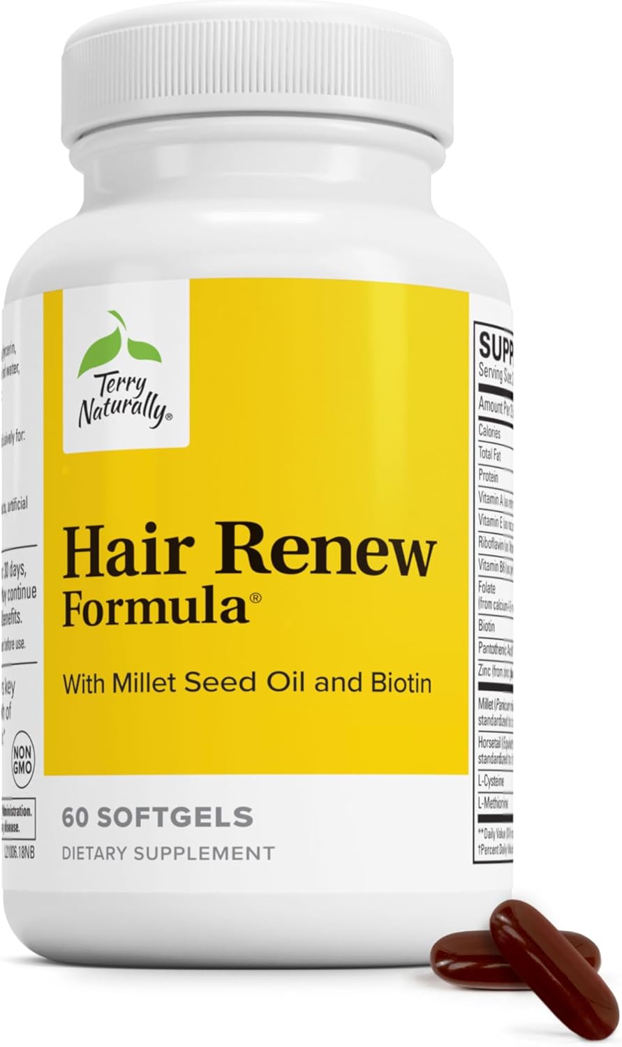 Terry Naturally Hair Renew Formula - 60 Softgels - Supports Healthy Hair, Nourishes Thinning Hair, with Millet Seed Oil, Horsetail, Biotin & Folic Acid - Gluten-Free - 30 Servings