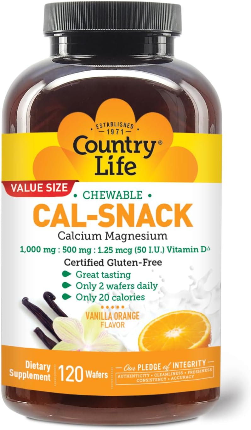 Country Life Cal-Snack Chewable Calcium and Magnesium Wafers with Vitamin D3, Vanilla Orange Flavour