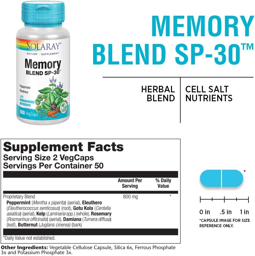 SOLARAY Memory Blend SP-30 - Herbal Supplement for Memory, Focus and Concentration - Non-GMO, Vegan - 100 VegCaps