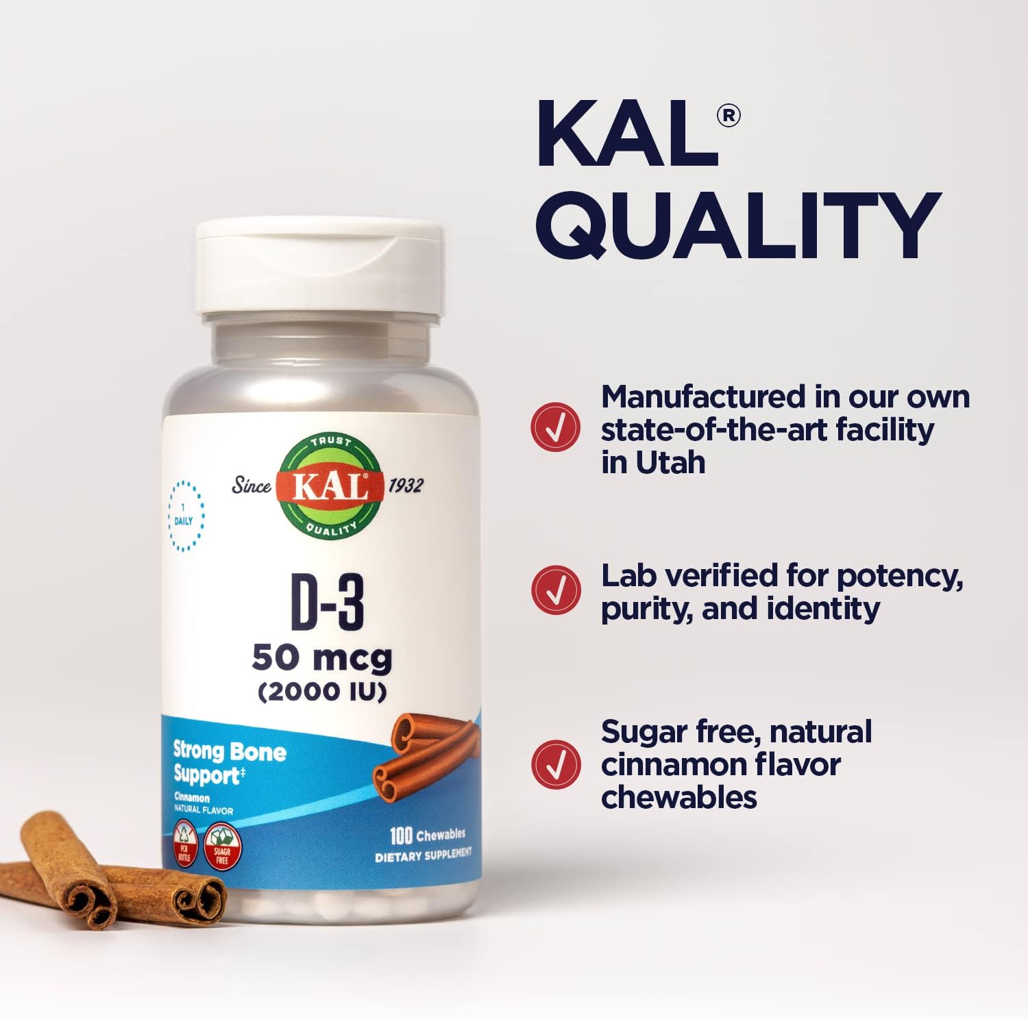 KAL Vitamin D3 Chewables - 2000 IU (50 mcg) - Sugar Free Natural Cinnamon Flavour - 100 Chewables