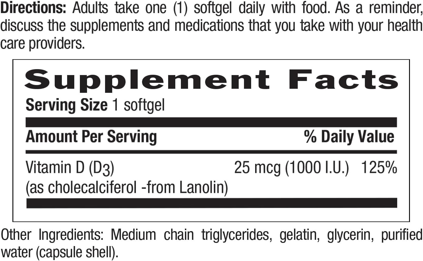 Country Life Vitamin D3 1000 IU (25 mcg) Softgels – 200 Count
