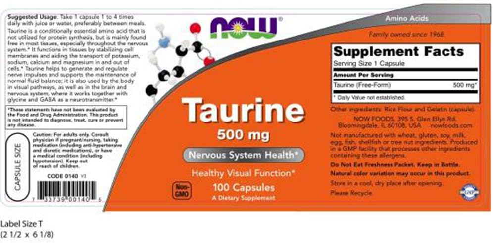 NOW Taurine 500 mg, 100 Capsules (Pack of 3)