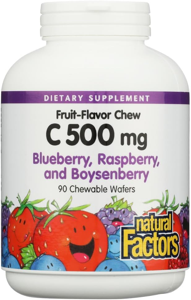 Natural Factors Kids Chewable Vitamin C 500 mg - Blueberry, Raspberry &amp; Boysenberry, 90 Wafers