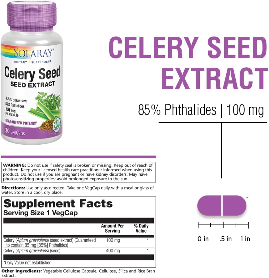 SOLARAY Celery Seed Extract Capsules - Joint Support - 100 mg, 85% Phthalides, Non-GMO, Vegan - 30 VegCaps