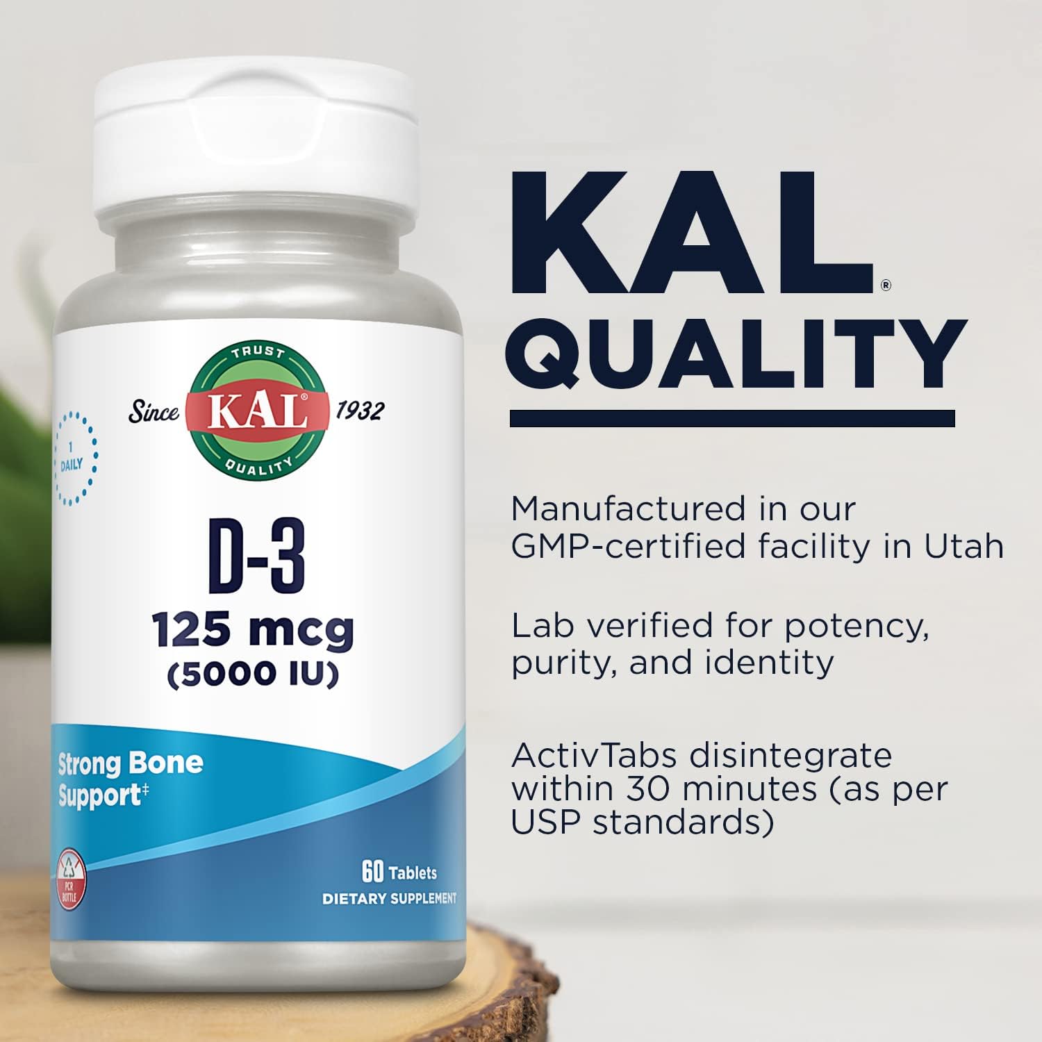 KAL Vitamin D3 5000 IU - High Potency Vitamin D Tablets for Immune & Bone Support - 60 Count