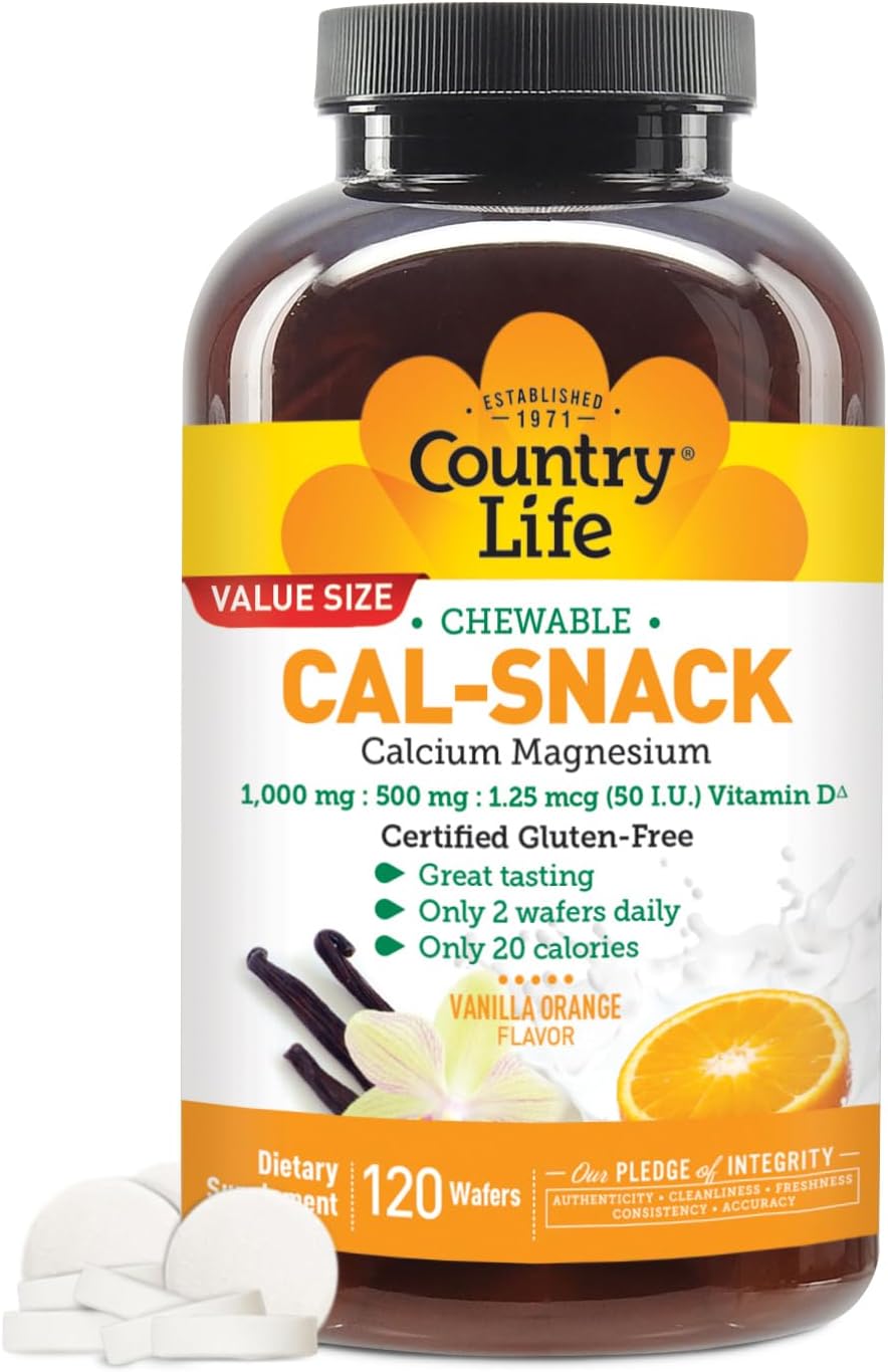 Country Life Cal-Snack Chewable Calcium, Magnesium & Vitamin D – 1000 mg / 500 mg / 50 IU – 60 Wafers