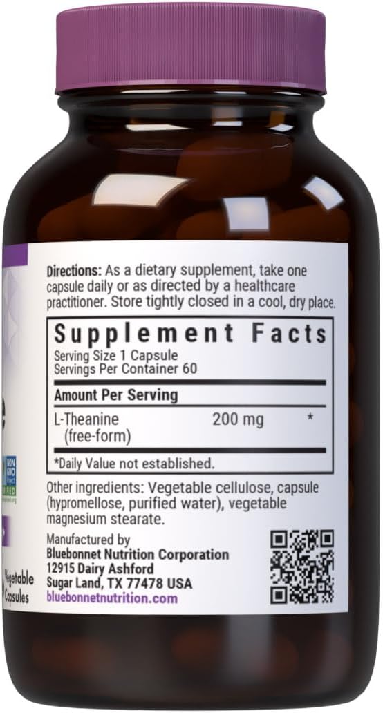 Bluebonnet Nutrition L-Theanine 200 mg, Free-Form Amino Acid, Supports Relaxation, Vegan, 60 Vegetable Capsules