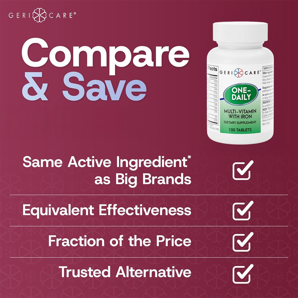 GeriCare One-Daily Multivitamin with Iron Tablets, 100 Count