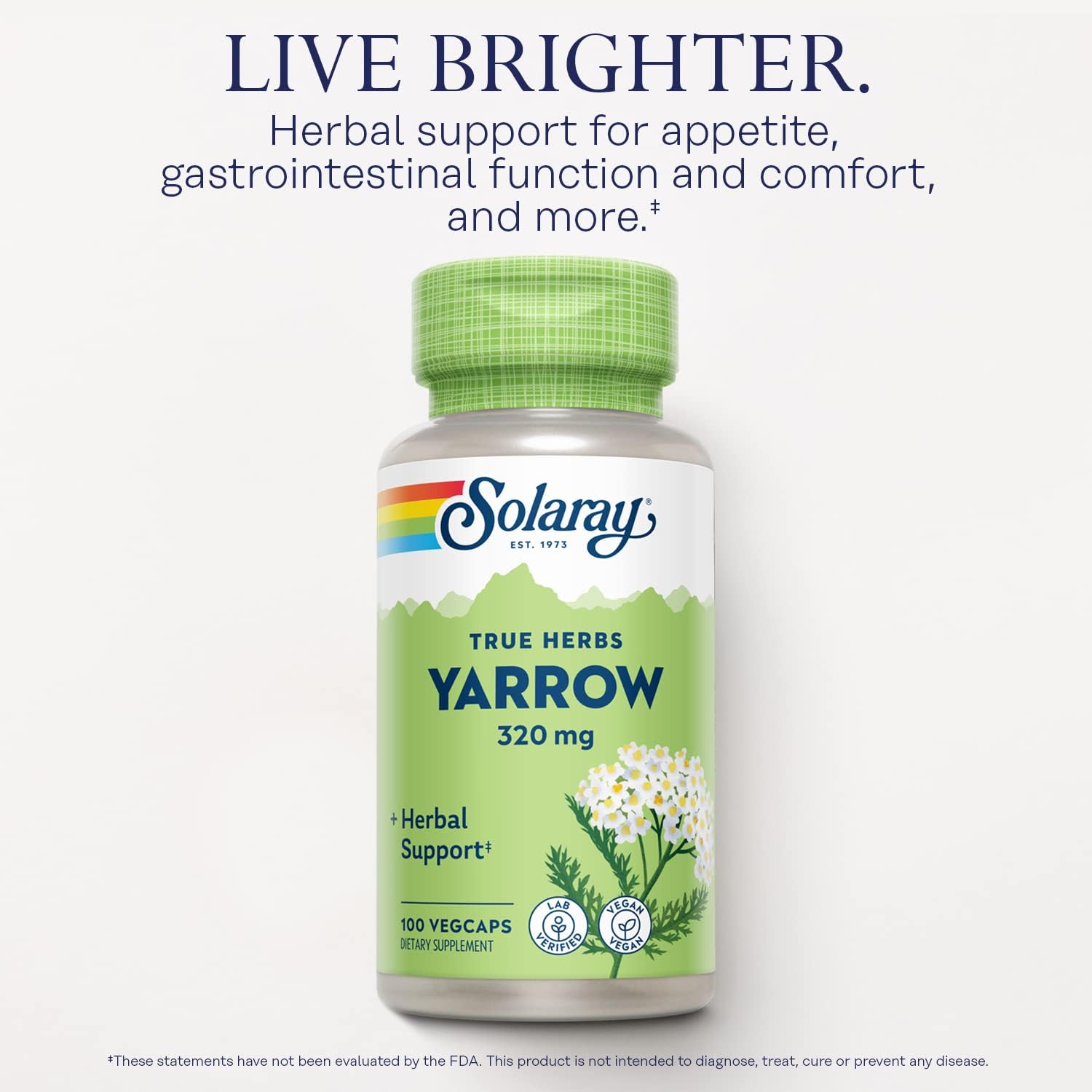 SOLARAY True Herbs Yarrow 320mg, Whole Aerial - Herbal Supplement for General Health Support