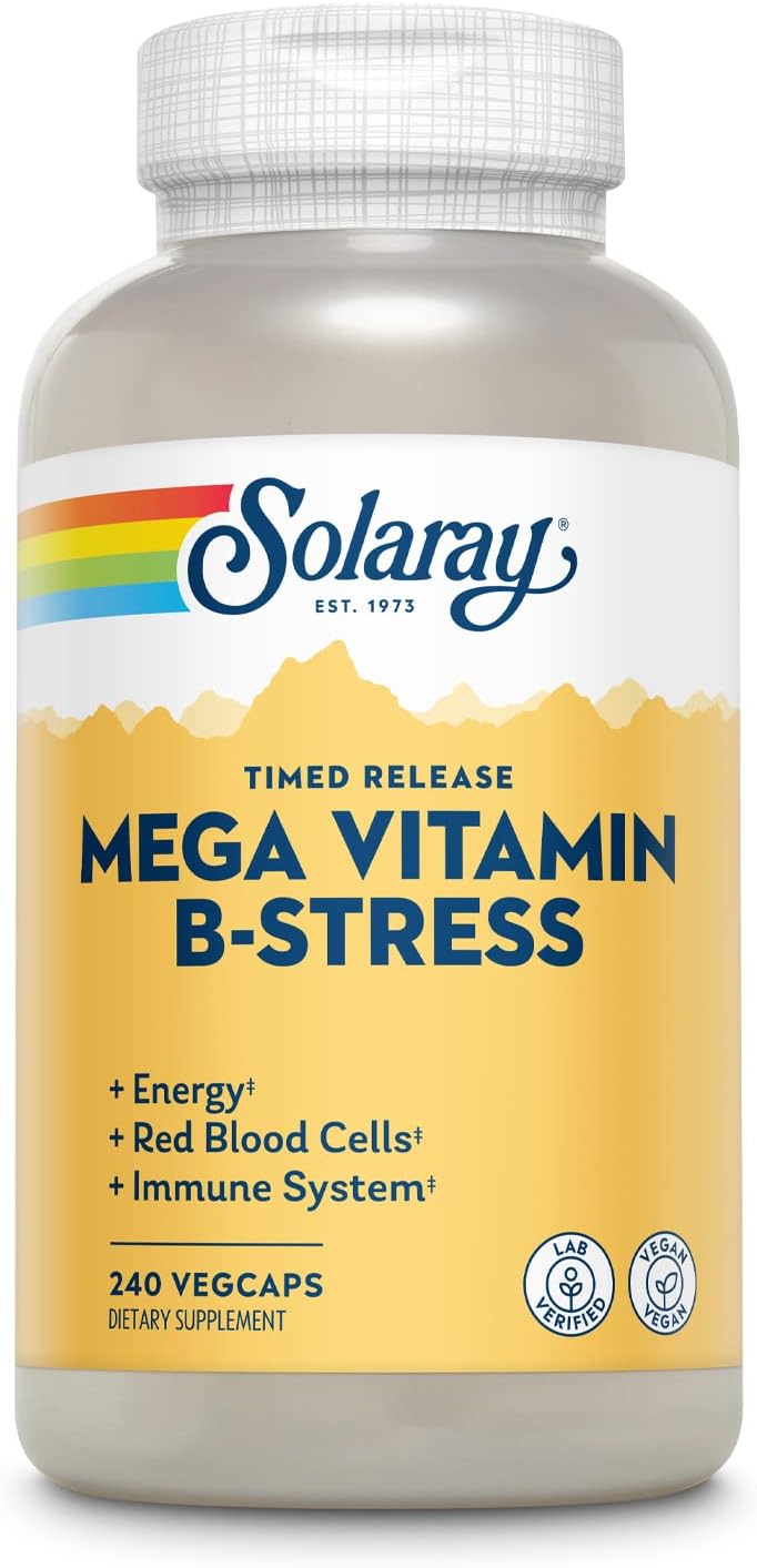 SOLARAY Mega Vitamin B-Stress - Timed-Release Vitamin B Complex with Vitamin B12, B6, Folic Acid, and Vitamin C - Vegan, 240 Count