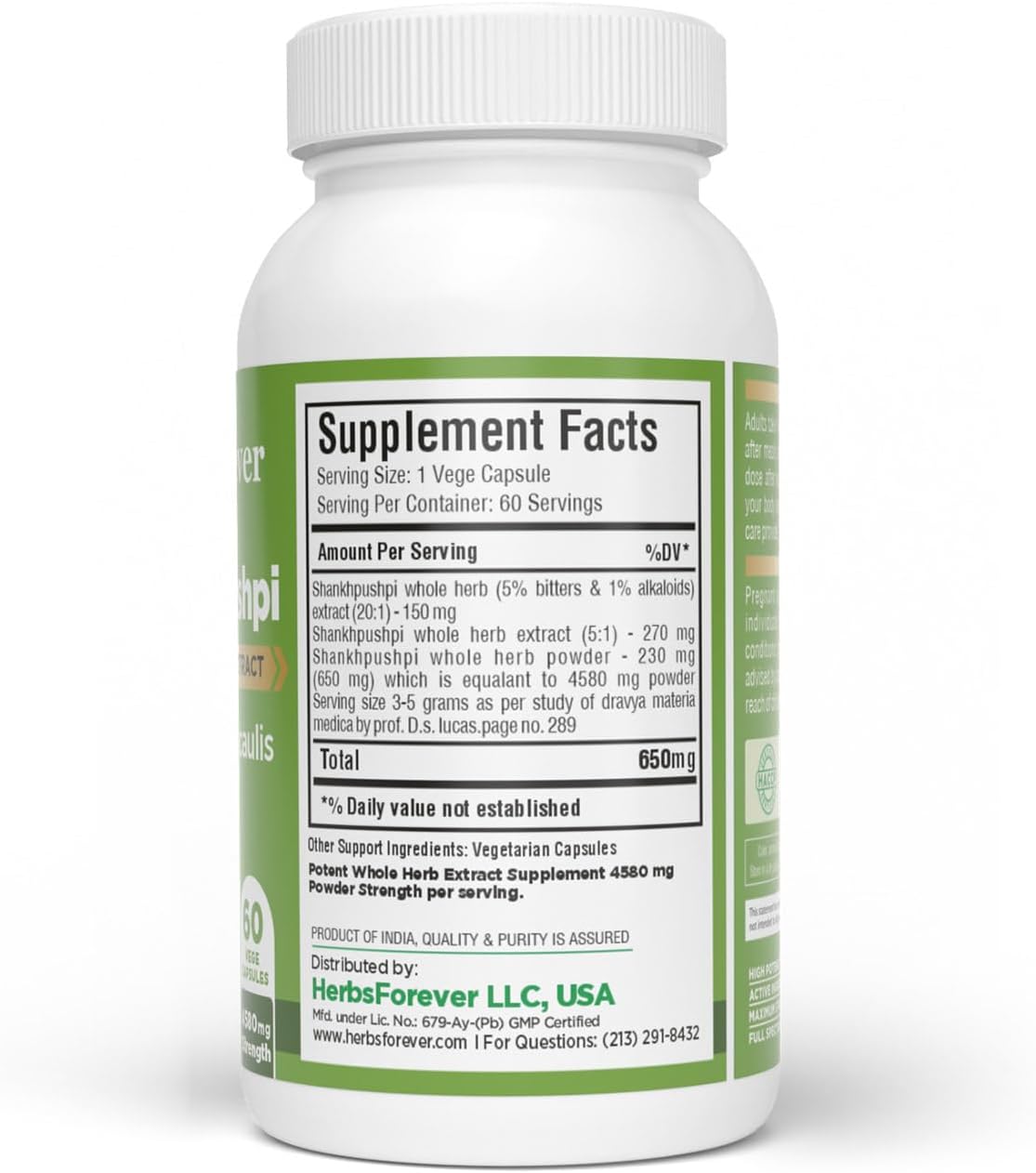 Herbsforever Shankhpushpi (Convolvulus pluricaulis) Extra-Strength Extract - Brain Tonic & Cognitive Focus - 60 Veg Capsules