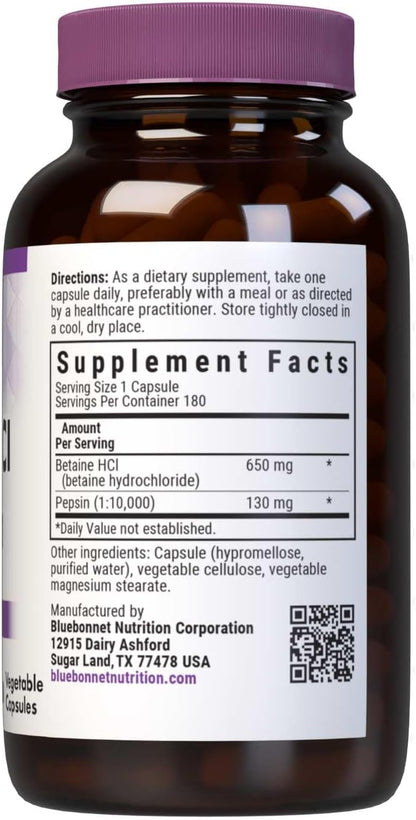 BlueBonnet Betaine HCl Plus Pepsin Vegetarian Capsules – 180 Count