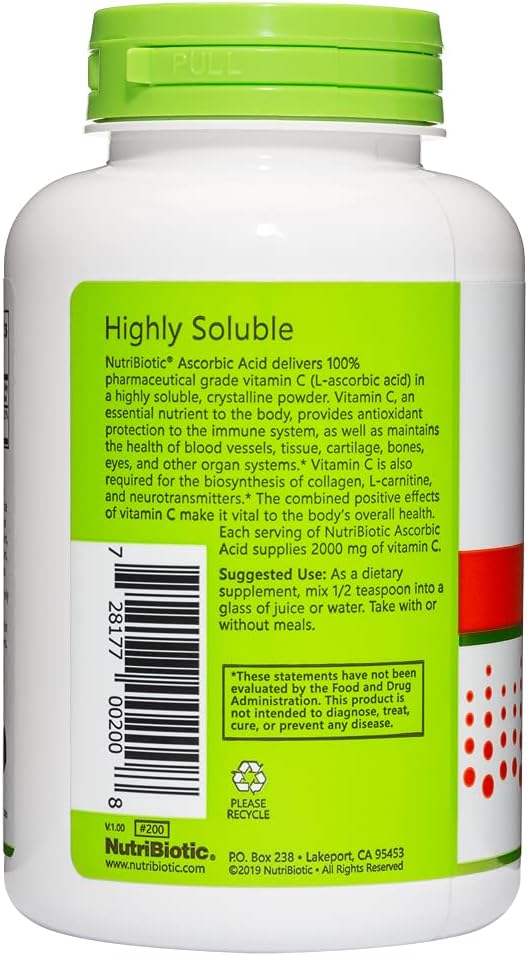 NutriBiotic Ascorbic Acid Vitamin C Powder - Pharmaceutical Grade, 2000 mg per Serving, 227 g