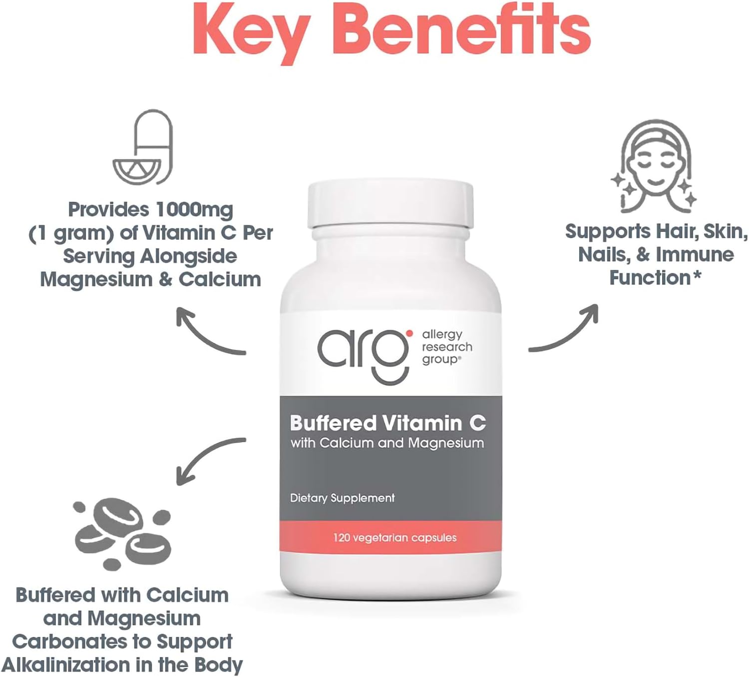 Allergy Research Group Buffered Vitamin C – 1000 mg, 120 Vegetarian Capsules