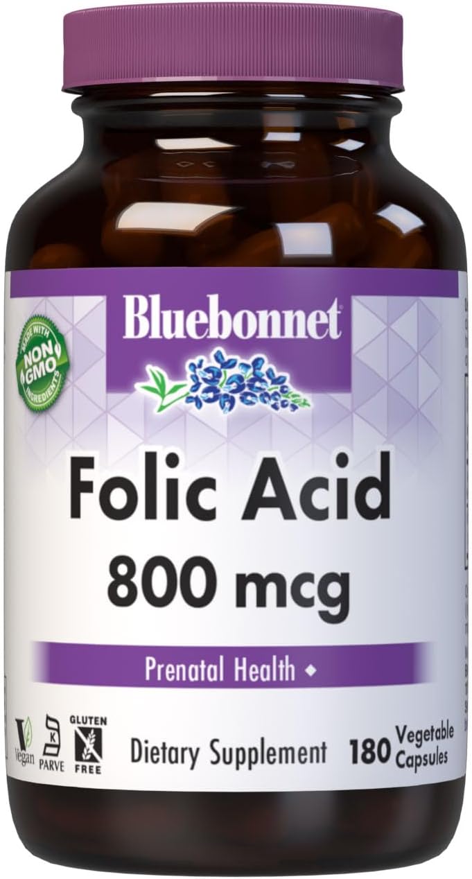Bluebonnet Nutrition Folic Acid 800 mcg, Vegan, Non-GMO, 180 Capsules