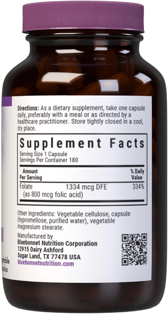 Bluebonnet Nutrition Folic Acid 800 mcg, Vegan, Non-GMO, 180 Capsules