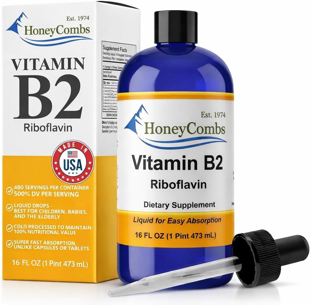 HoneyCombs Vitamin B2 Liquid Drops – High Potency Riboflavin Supplement – Alcohol Free, Vegan – 1 fl oz (30 mL)