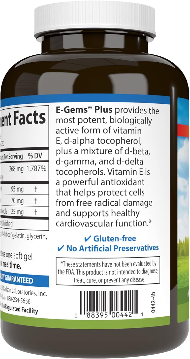 Carlson E-Gems Plus - Natural Vitamin E 400 IU, 250 Softgels