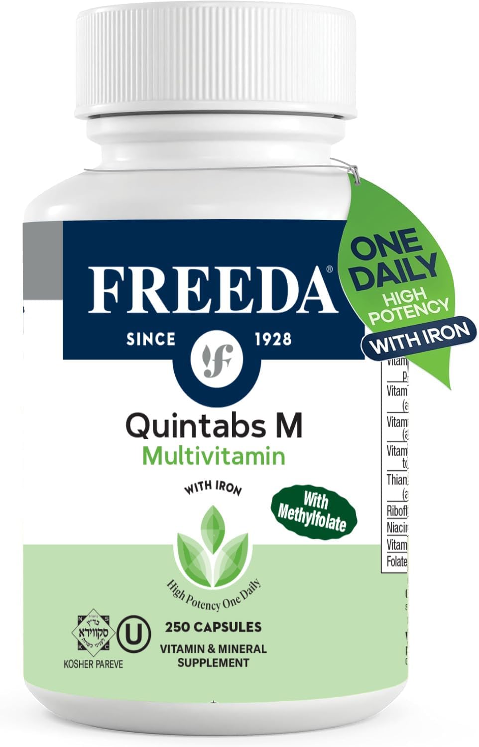 FREEDA Multivitamin – Quintabs-M with Iron – Kosher Multivitamins for Women & Iron-Deficient Men – 250 Capsules