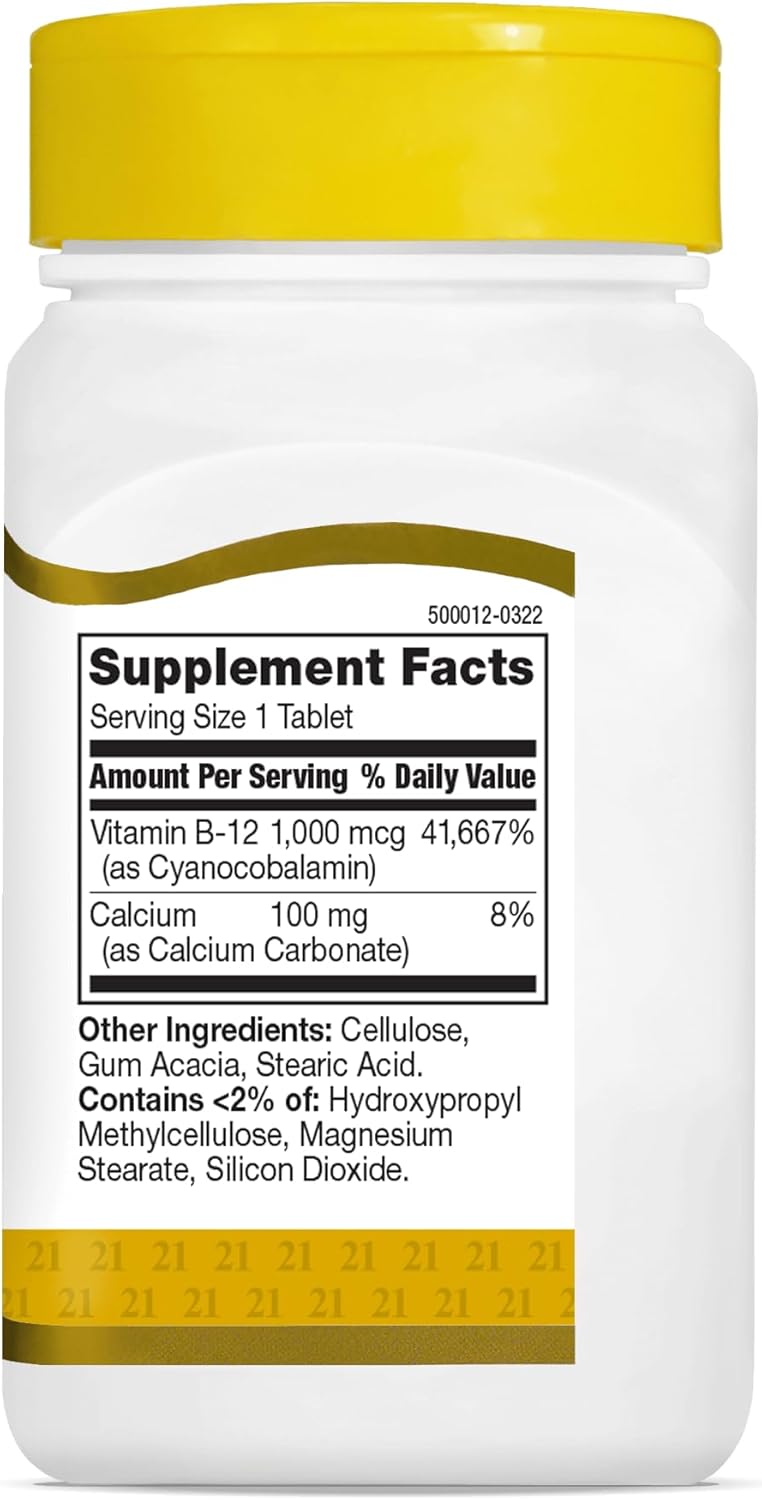 21st Century B12 1000 mcg Prolonged Release Tablets, Cyanocobalamin for Energy and Nerve Support, Gluten Free, 110 Count for Adults