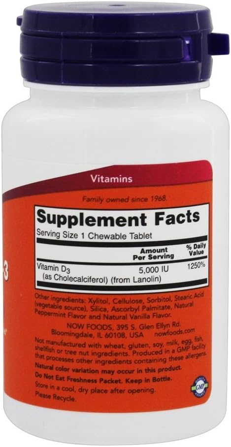 NOW Foods Vitamin D3 5000 IU Chewable, Mint, 120 Chewable Tablets