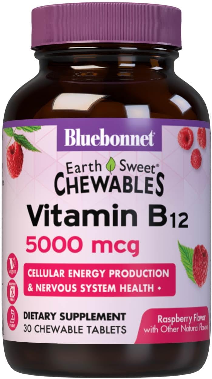 Bluebonnet Nutrition Earth Sweet Vitamin B12 5000 mcg Chewable Tablets – Raspberry Flavour, 30 Count