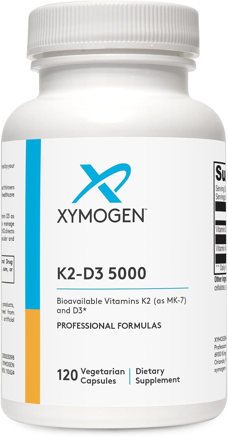 XYMOGEN K2-D3 5000 - Vitamin D3 and K2 Supplement for Immune, Bone and Cardiovascular Support - 120 Capsules