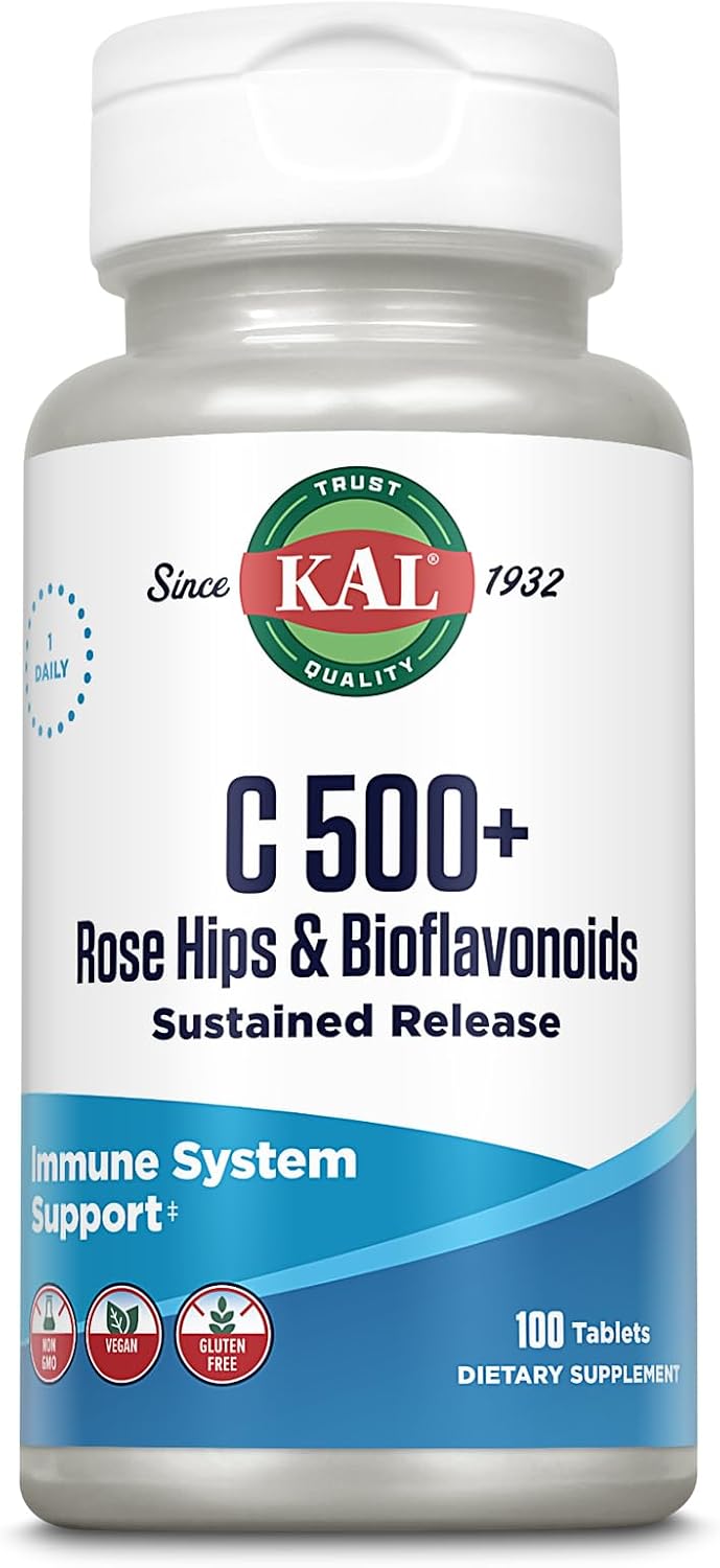 KAL C 500+ Sustained Release Tablets - Vitamin C with Rose Hips and Bioflavonoids - 100 Tablets