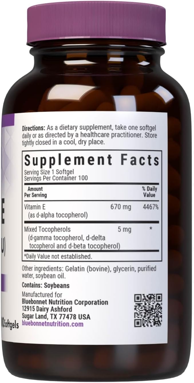 Bluebonnet Vitamin E 1000 IU Mixed Tocopherol Softgels, 100 Count