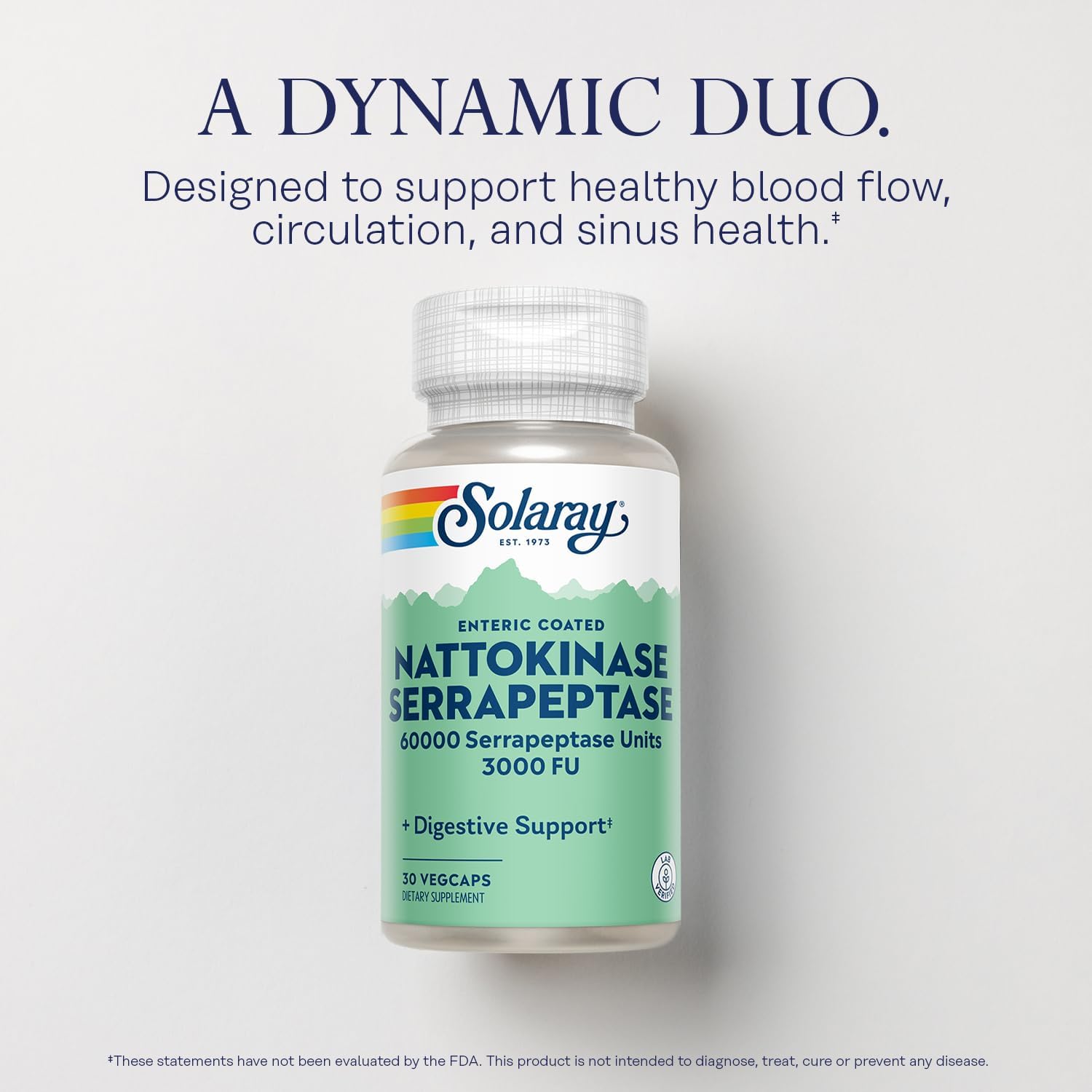SOLARAY Nattokinase Serrapeptase Supplement - Enteric Coated - 3000 FU Nattokinase - Cardiovascular and Sinus Support - 30 VegCaps