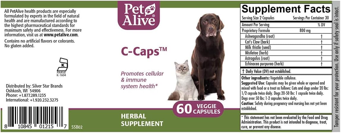PetAlive C-Caps – All-Natural Herbal Supplement for Dogs and Cats (60 Veggie Capsules)