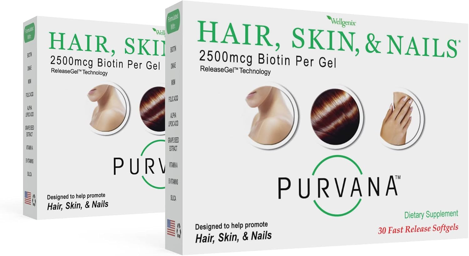 Wellgenix Purvana Hair, Skin, and Nails Supplement - 2500 mcg Biotin Softgels with MSM & B-Complex (60 Softgels, 2-Pack)