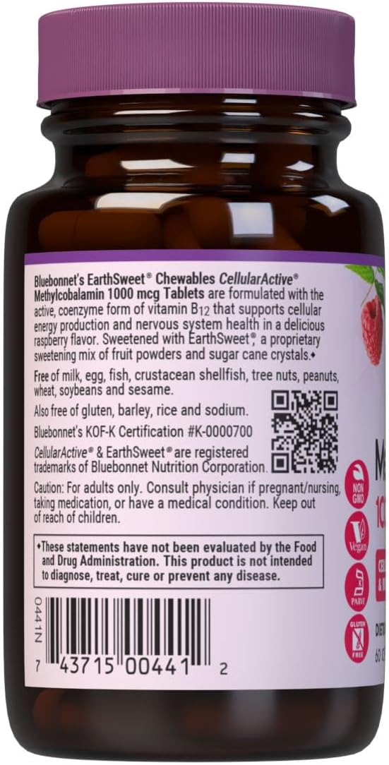EarthSweet Methylcobalamin 1000 mcg Chewable Tablets - Raspberry Flavour - 60 Count
