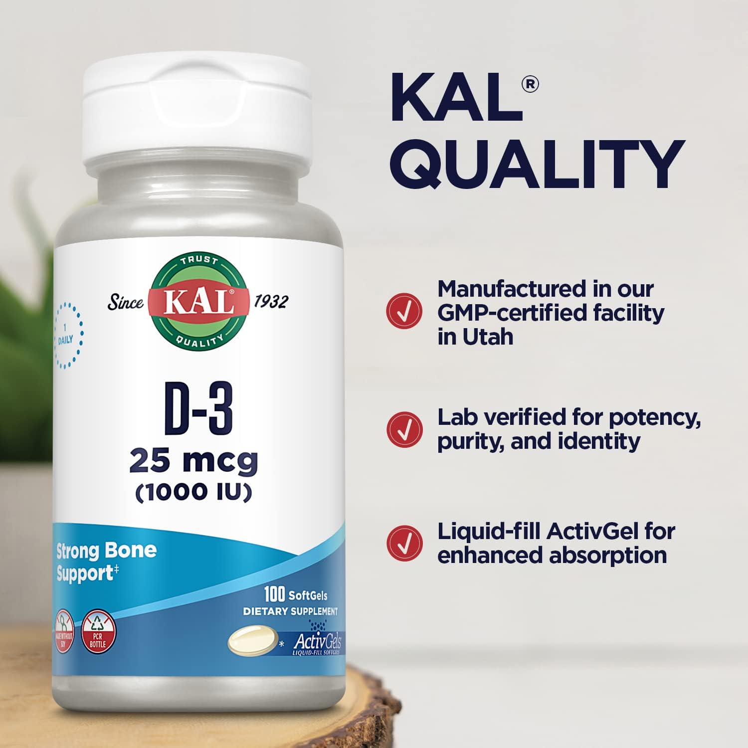 KAL Vitamin D3 1000 IU Softgels – Supports Bone Health & Immune Function