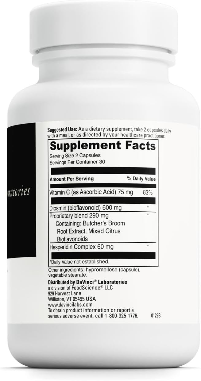 DAVINCI Labs Healthy Veins - Natural Health Product to Support Vascular Health and Proper Structure of Leg Veins* - with Vitamin C, Diosmin, and More - Gluten-Free - 60 Vegetable Capsules