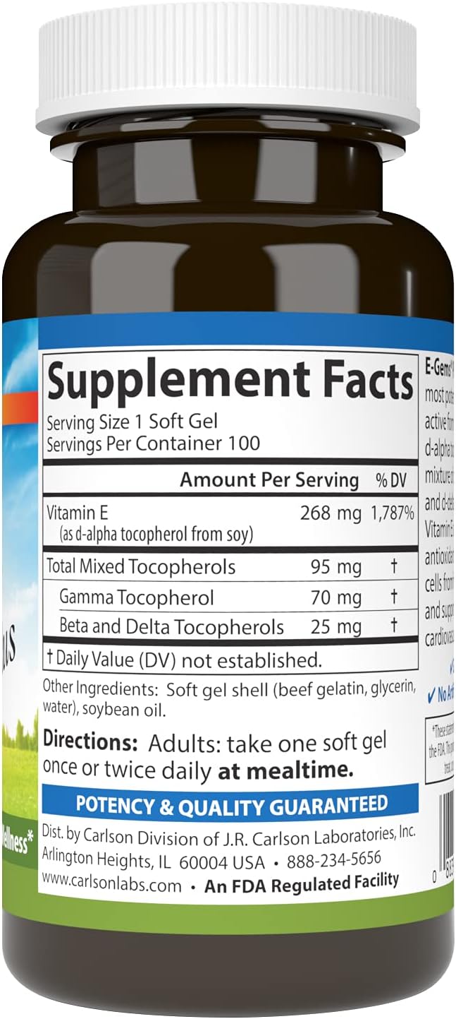 Carlson - E-Gems Plus, 400 IU (268 mg), Natural-Source Vitamin E, Overall Health, 100 Softgels
