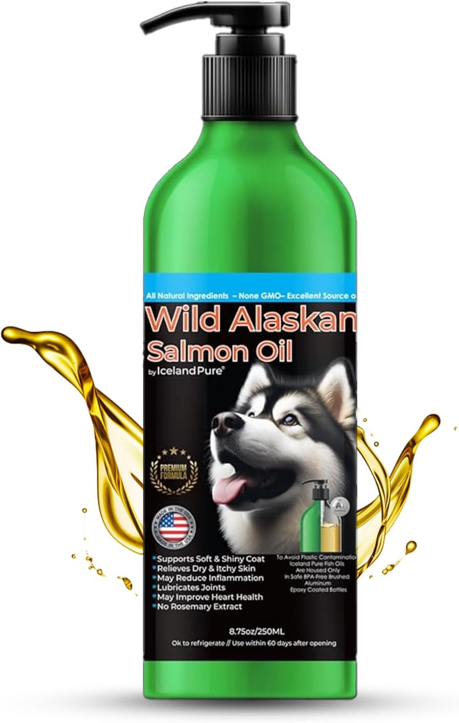 Iceland Pure Wild Alaskan Salmon Oil for Dogs and Cats – Omega-3 Supplement with Pollock Oil, 17 fl oz (500 mL)