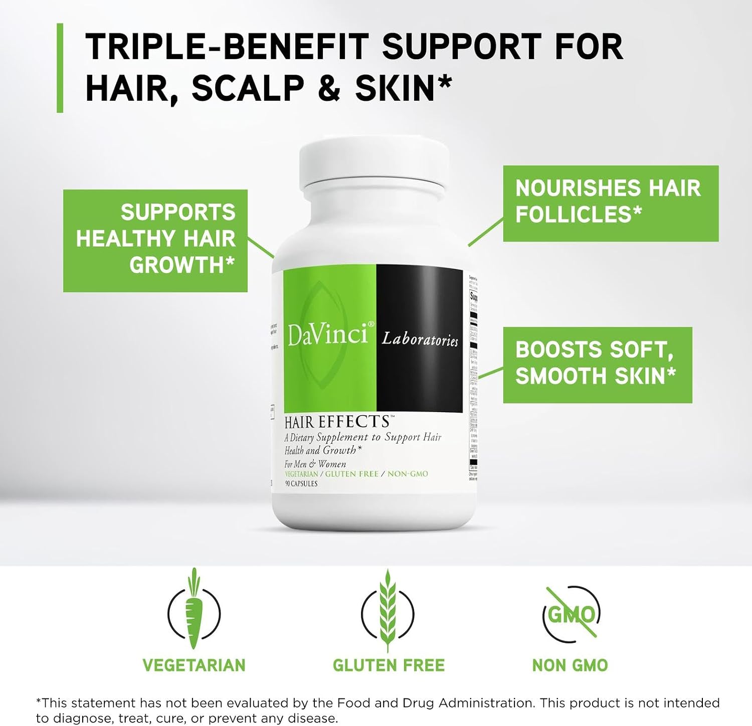 DAVINCI Labs Hair Effects – Biotin Supplement for Healthy Hair & Skin – with Zinc, Saw Palmetto, Grape Seed Extract – Gluten-Free – 90 Vegetarian Capsules
