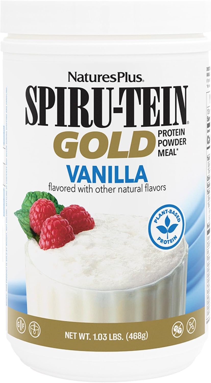 NaturesPlus SPIRU-TEIN GOLD, Vanilla – 467 g – Plant-Based Protein Powder with Vitamins & Minerals