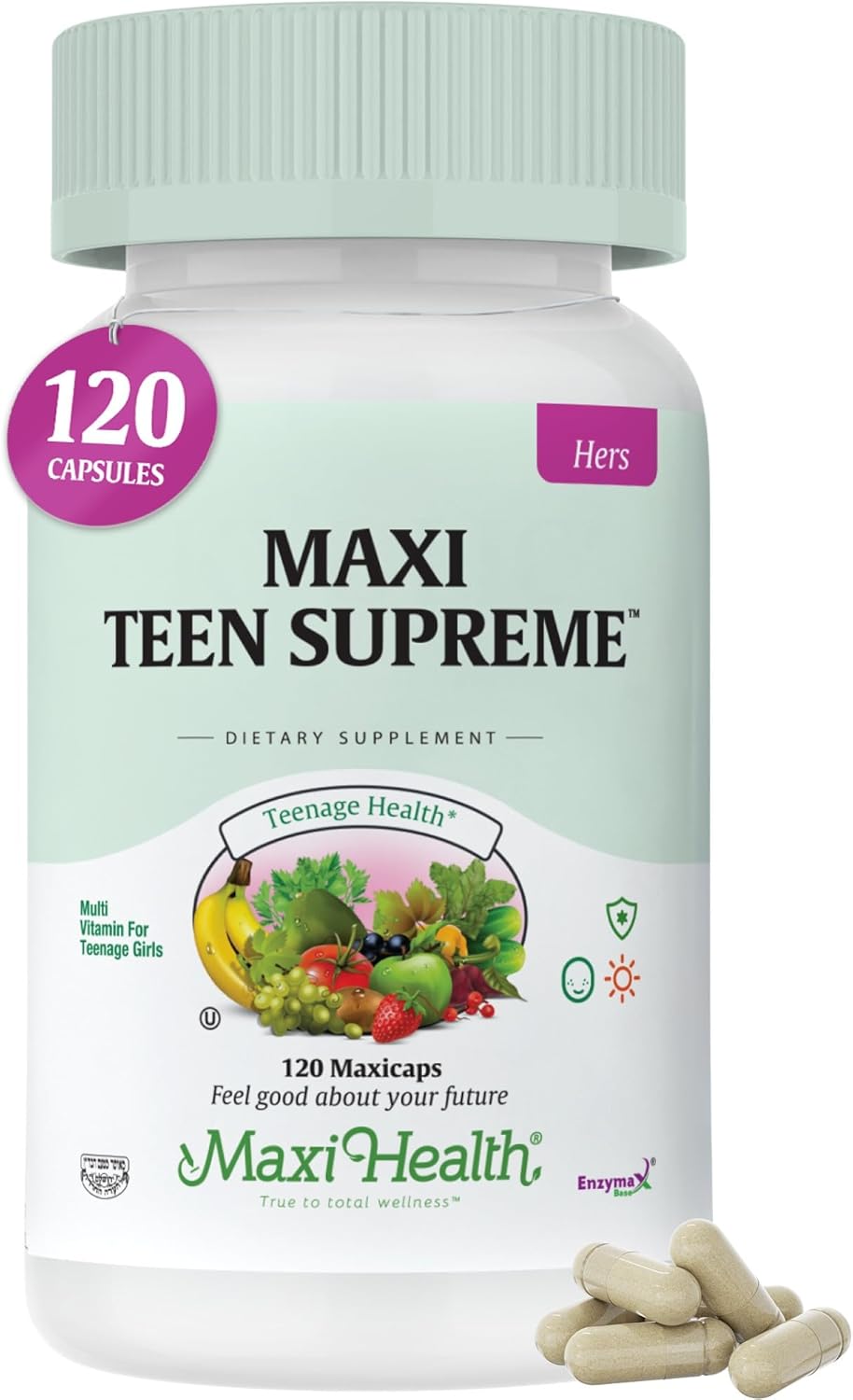 Maxi Health Teen Vitamins for Girls 12-17 – Teen Multivitamin with Vitamin D3, Iron, Calcium, Biotin, Zinc, Digestive Enzymes – 120 Tablets