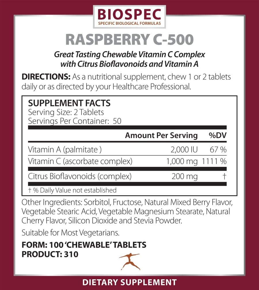 BIOSPEC NUTRITIONALS Raspberry C-500 – Chewable Immune and Antioxidant Support - Vitamin C, Vitamin A, and Citrus Bioflavonoids - görsel 2